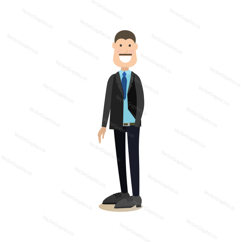 Vector illustration of smiling businessman in suit standing with one hand in pocket. Office people flat style design element, icon isolated on white background.