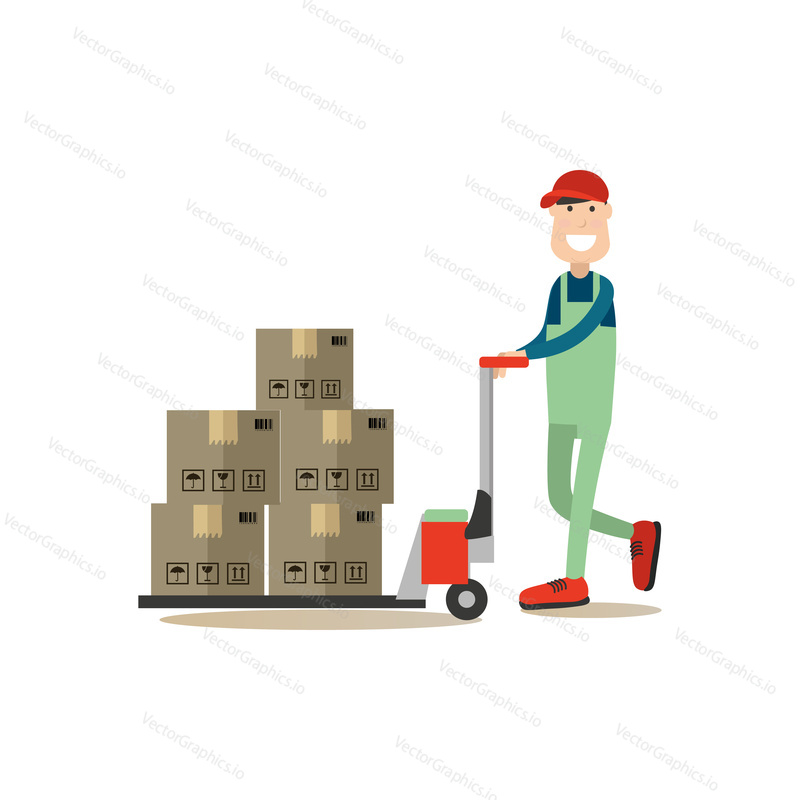 Vector illustration of loader pushing cart with cardboard boxes. Delivery people concept flat style design element, icon isolated on white background.