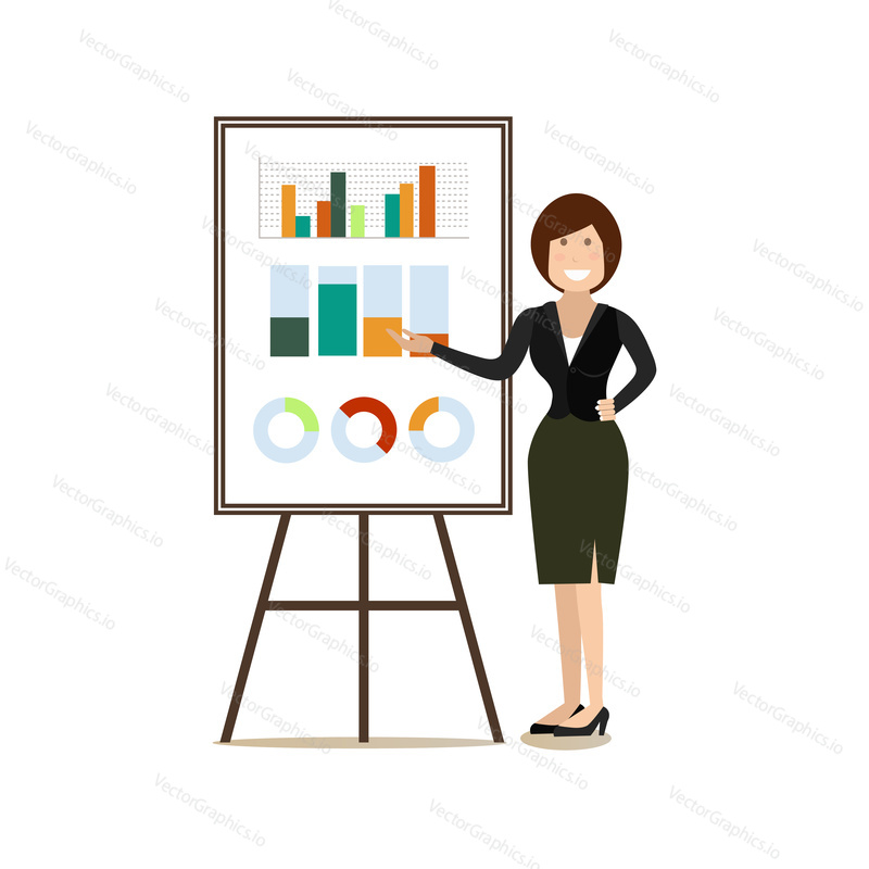 Vector illustration of business woman giving presentation. Lecturer female pointing at diagram on whiteboard. Office people flat style design elements, icons isolated on white background.