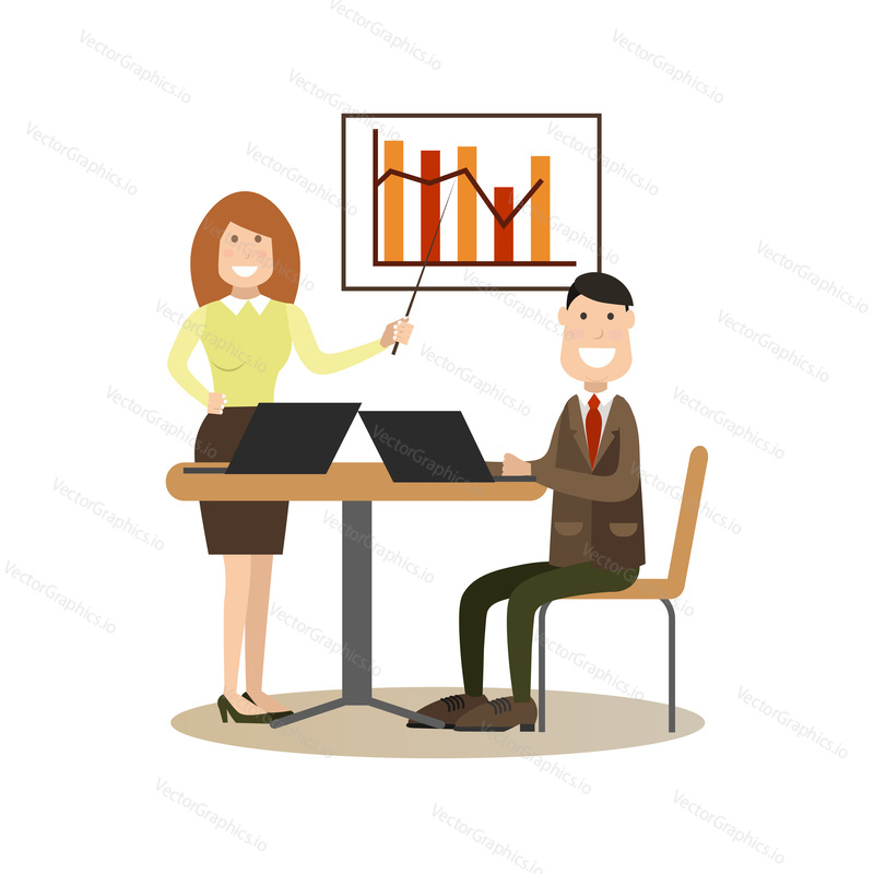 Conference concept vector Illustration. Businesswoman showing graph. Office people meeting flat style design elements, icons isolated on white background.