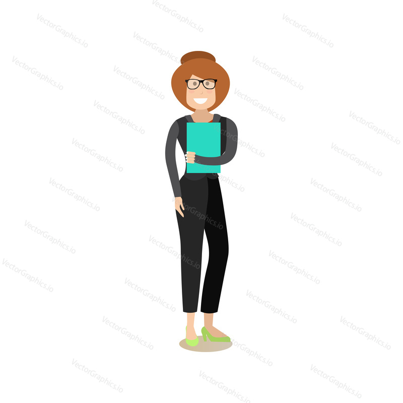 Vector illustration of smiling businesswoman standing with papers in hand. Office people flat style design element, icon isolated on white background.