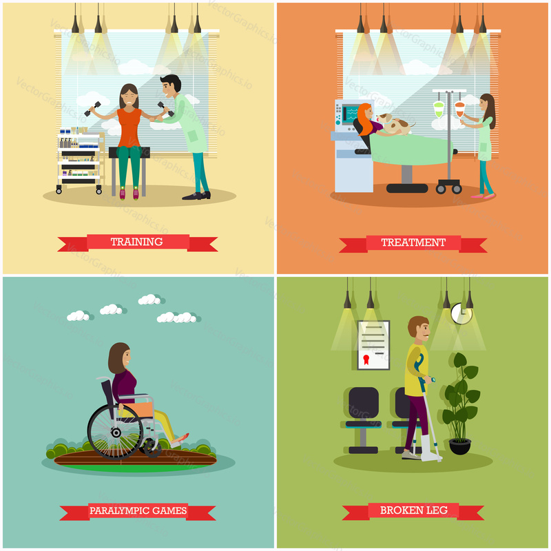 Vector set of disabled people posters. Training, Treatment, Paralympic games and Broken leg flat style design elements.