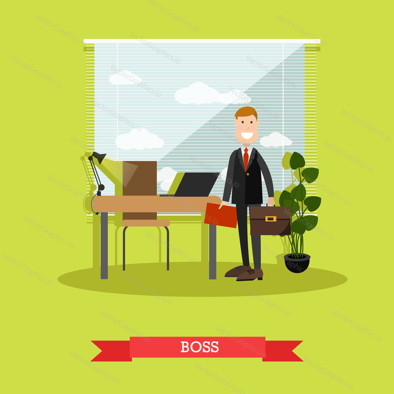 Vector illustration of businessman in private office. Modern office interior. Boss concept design element in flat style.