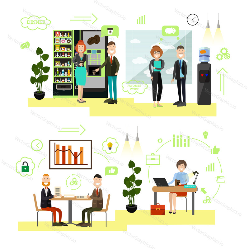 Vector illustration of office people taking break, signing contract, working on computer at workplace. Business people, symbols, icons isolated on white background. Flat style design elements.