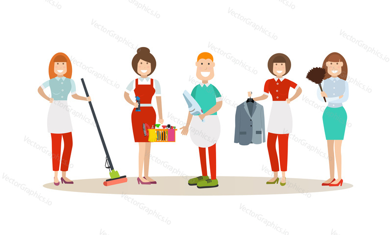 Vector illustration of cleaning company staff cartoon characters. Cleaning people concept flat style design elements, icons isolated on white background.