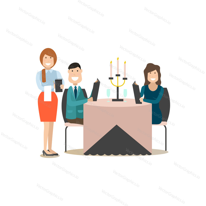 Restaurant guests vector illustration. Visitors man and woman sitting at table and reading menu. Waitress taking order. Flat style design elements isolated on white background.