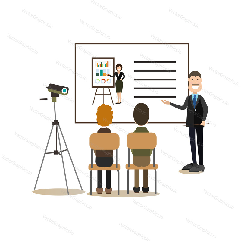Vector illustration of businessman giving presentation. Lecturer male pointing at projection screen. Office people flat style design elements, icons isolated on white background.