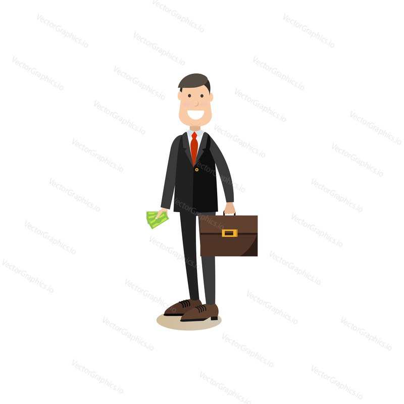 Vector illustration of bank customer male with money and briefcase. Bank people concept flat style design element, icon isolated on white background.