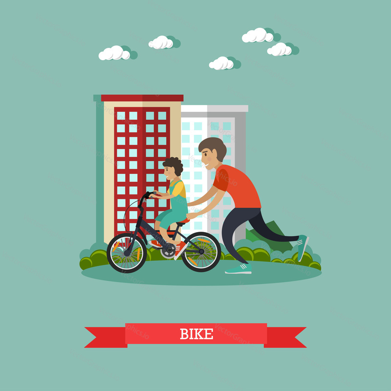 Vector illustration of father teaching his son to ride a bicycle. Childcare and parenting concept flat style design element.