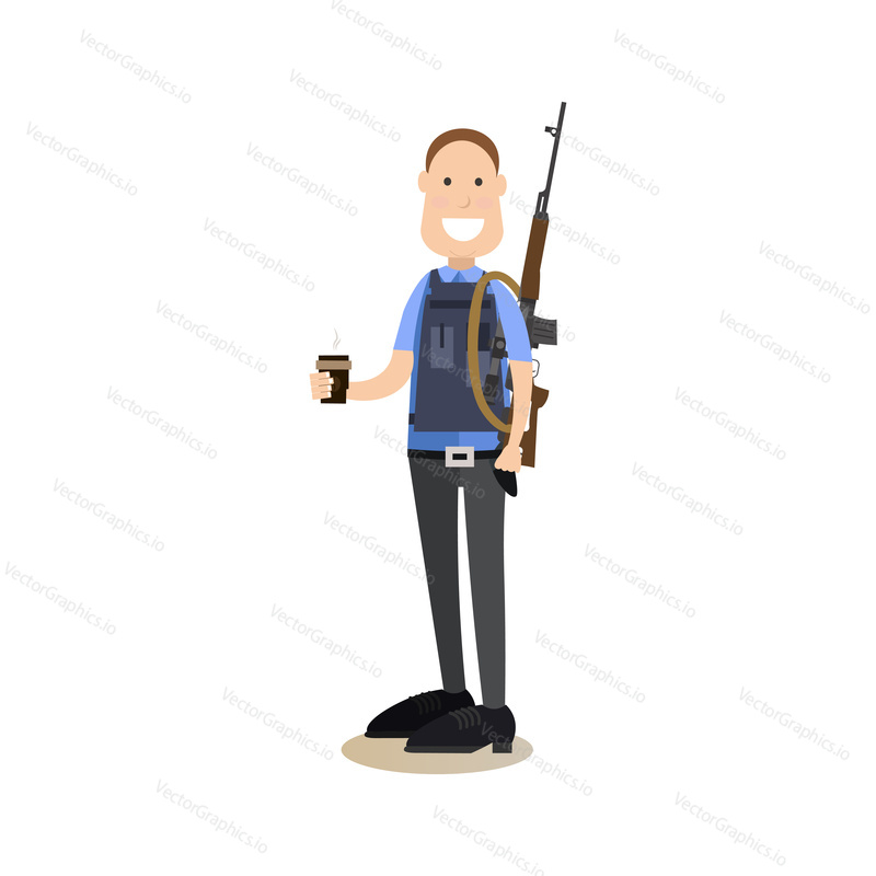 Vector illustration of armed security guard with cup of coffee. Bank security officer in uniform and bulletproof vest flat style design element, icon isolated on white background.