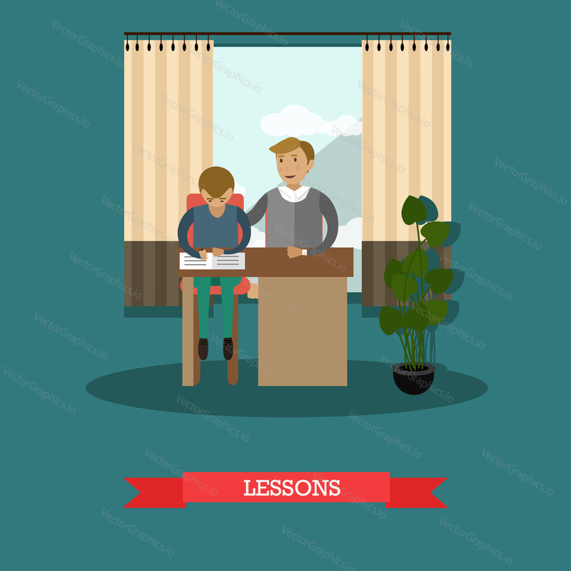 Vector illustration of father helping son to do his homework, to learn lessons. Childcare and parenting concept flat style design element.