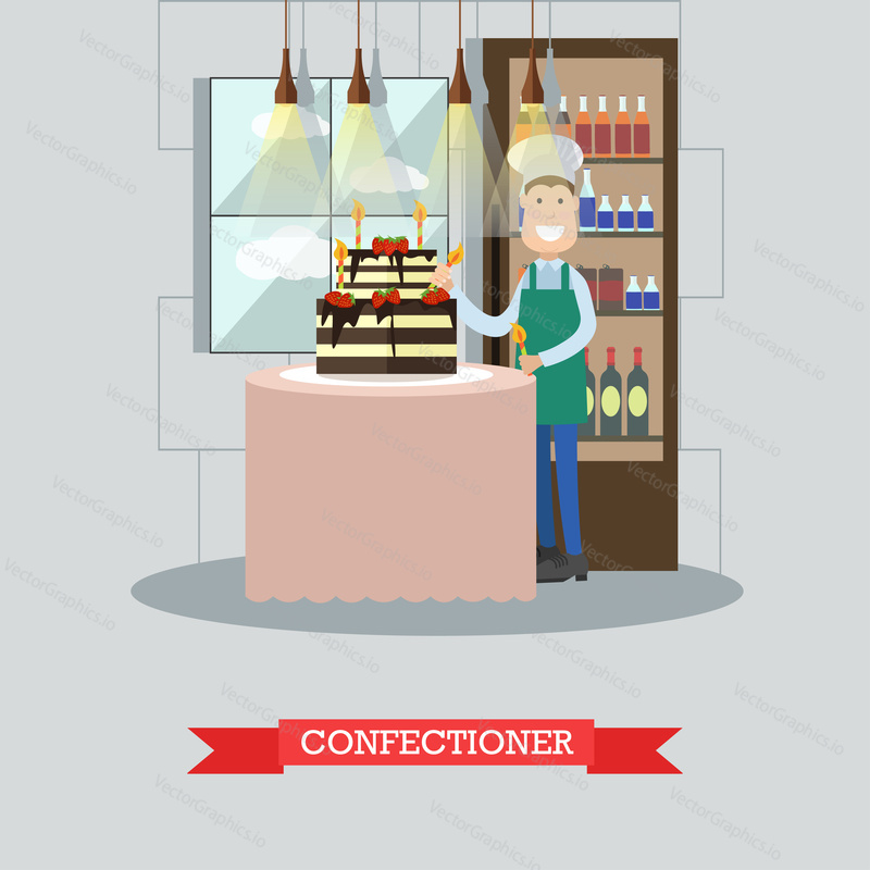 Vector illustration of confectioner decorating big chocolate and fruit cake with two tiers. Restaurant kitchen, bakery or candy store interior, flat style design elements.
