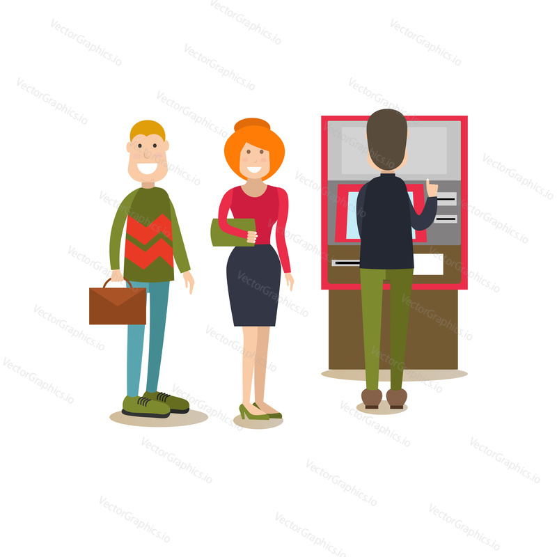 Vector illustration of people waiting in line for cash money. ATM or cash dispenser and bank people concept flat style design elements, icons isolated on white background.