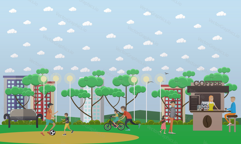 Vector illustration of father playing football with son and father teaching his son to ride bike. Childcare and parenting concept flat style design element.