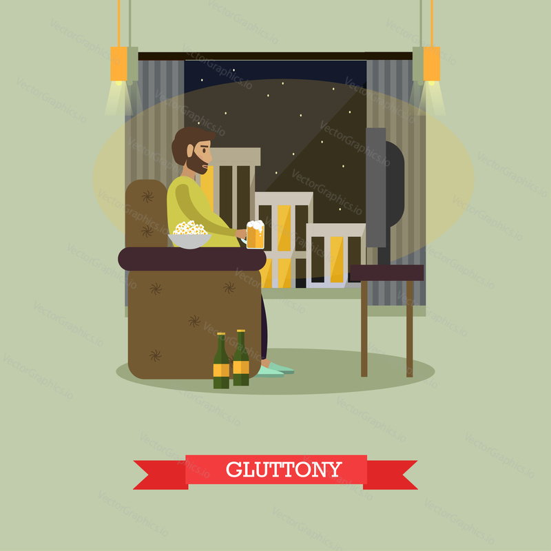 Vector illustration of man watching tv, drinking beer and eating popcorn. Unhealthy lifestyle, harmful effects of eating in front of TV, gluttony concept design element in flat style.