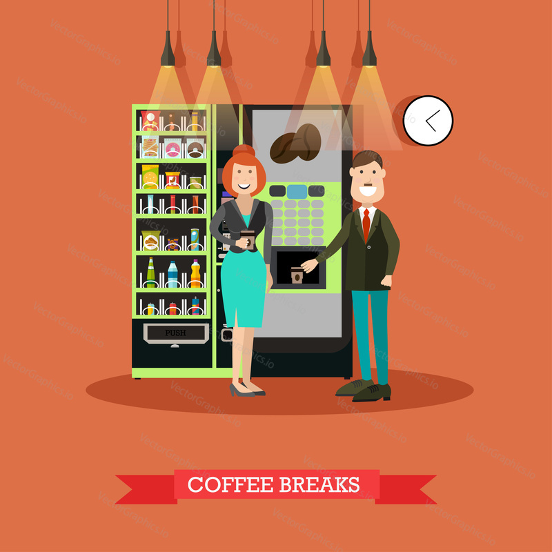 Vector illustration of business people taking coffee break. Male and female standing next to coffee automatic machine and vending or food machine flat style design.