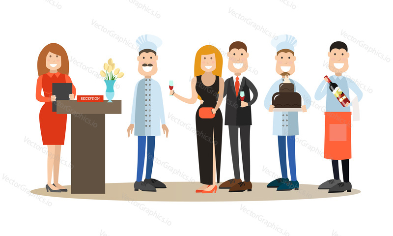 Restaurant people vector illustration. Manager, chef, cook, waiter, confectioner and guests man and woman with wineglasses flat style cartoon characters isolated on white background.