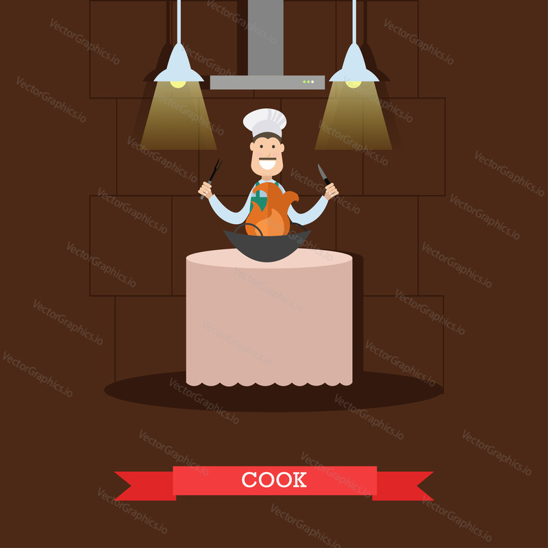 Vector illustration of cook holding kitchen knife and fork ready to serve dish with fire. Restaurant interior. Flat style design.