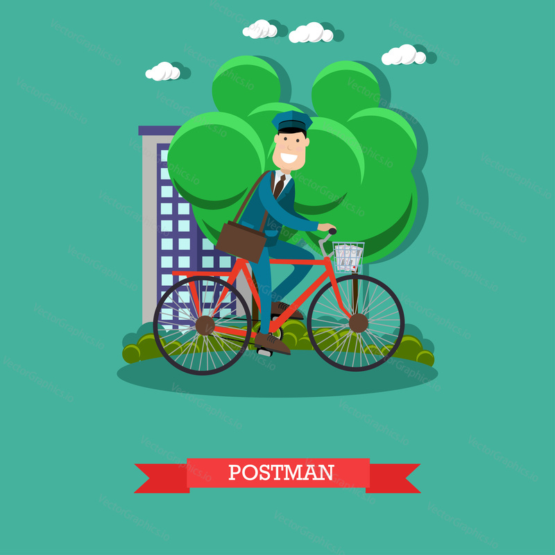 Vector illustration of mailman riding bicycle and delivering mail. Cheerful smiling mail carrier with post bag. Mail delivery service. Postman design element in flat style.