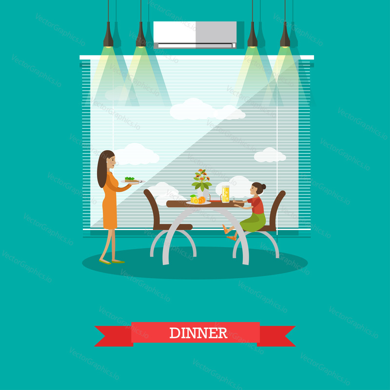 Vector illustration of mother serving dinner and her daughter sitting at dining table. Dining Room interior. Family dinner flat style design element.