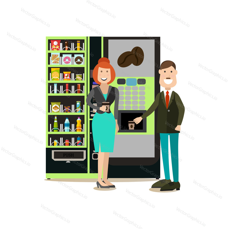 Vector illustration of business people taking coffee break. Coffee automatic machine and vending or food machine. Office people flat style design elements, icons isolated on white background.