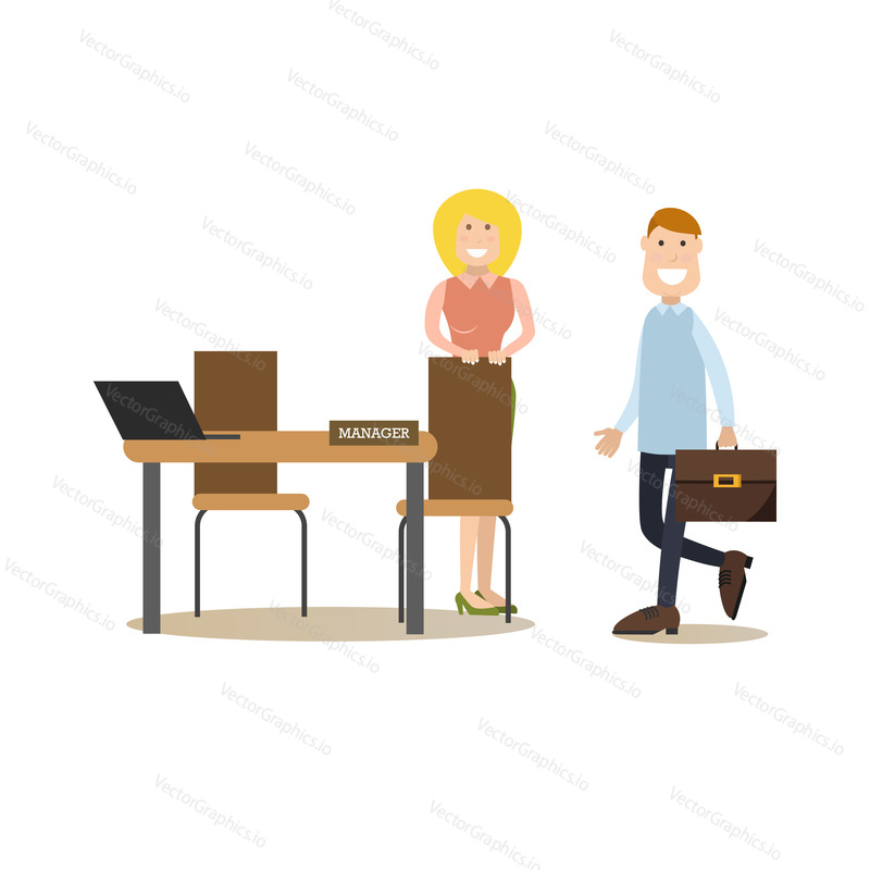 Vector illustration of bank personal manager female and customer male. Bank people concept flat style design elements, icons isolated on white background.