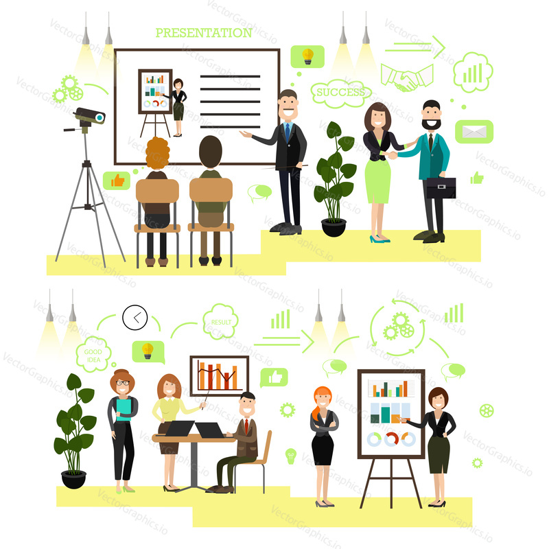 Vector illustration of office people giving presentation, taking part in conference and workshop, making a deal. Business people, symbols, icons isolated on white background. Flat style design.
