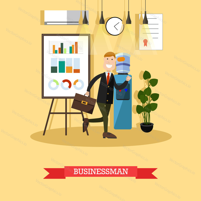 Vector illustration of businessman running with briefcase. Modern office interior, whiteboard for presentation, water cooler. Flat style design.