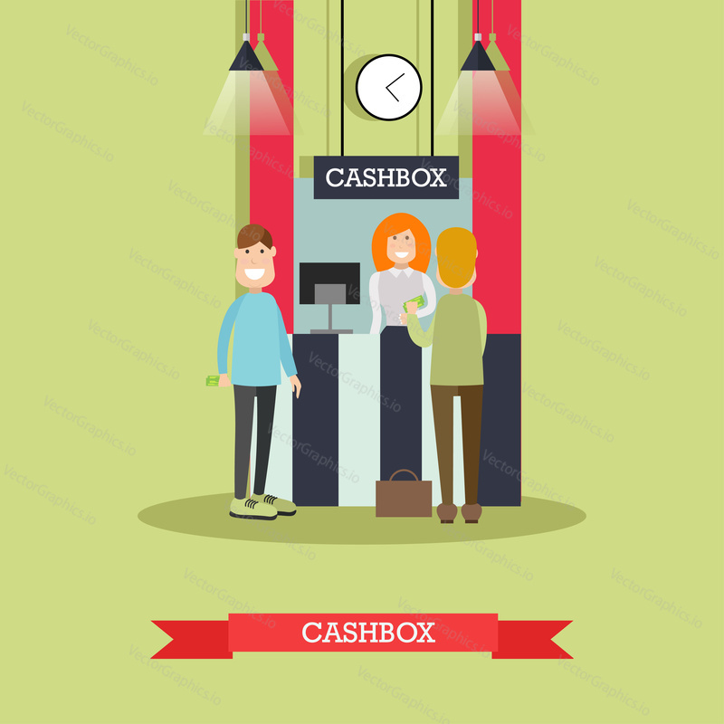 Vector illustration of bank teller female and customers males standing next to cashbox or cash department. Banking services concept design element in flat style.