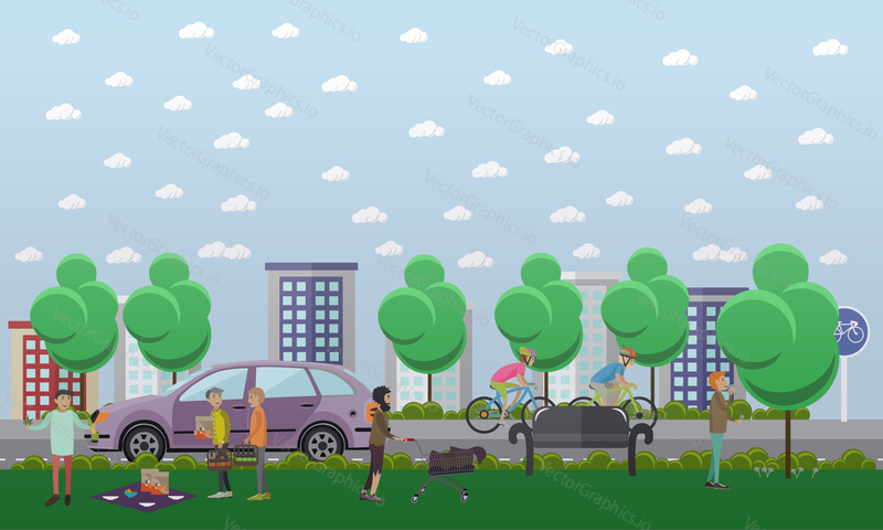 Vector illustration of young people going to smoke marijuana, man using psychedelic mushrooms and homeless man pushing cart with old stuff. Drug addiction and vagrancy concept flat style design