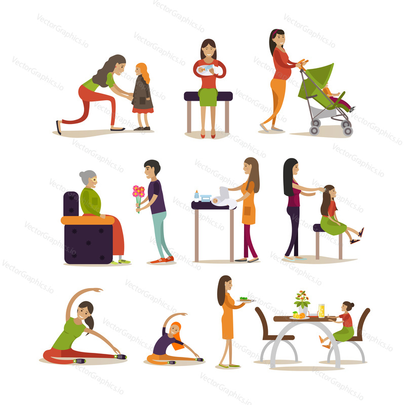 Vector icons set of mother cartoon characters isolated on white background. Pregnant women, young mothers with kids and elderly mother with adult son flat style design elements.