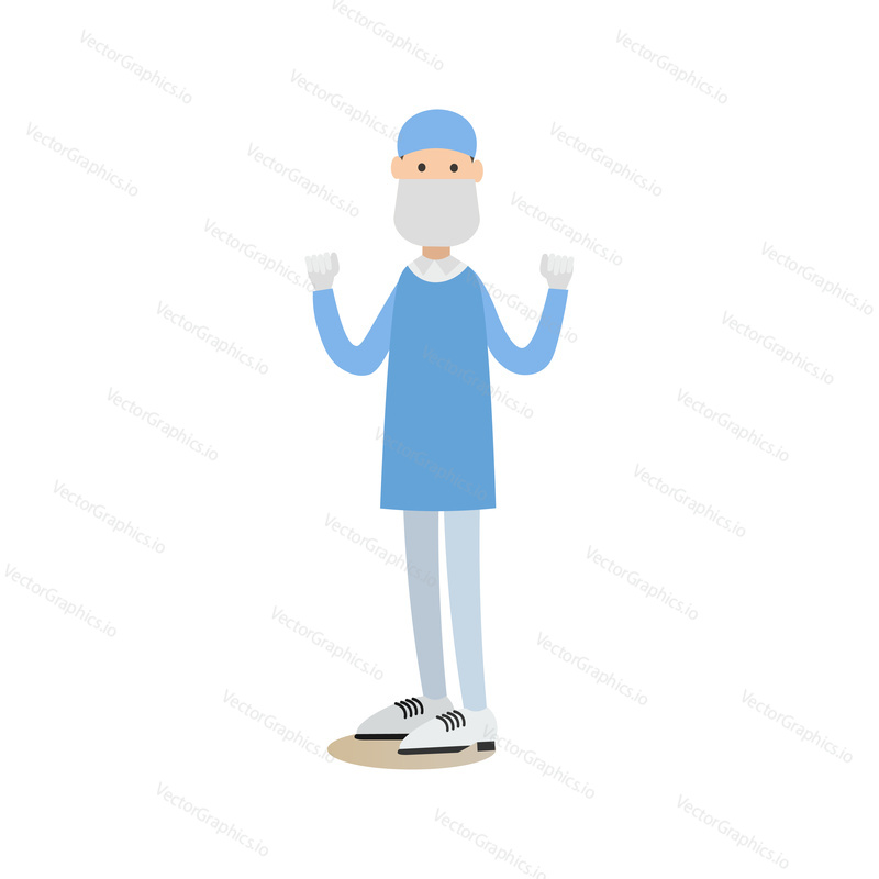 Vector illustration of doctor male surgeon in surgical scrubs, cap, mask and gloves standing with arms raised. Medical practitioner flat style design element, icon isolated on white background.