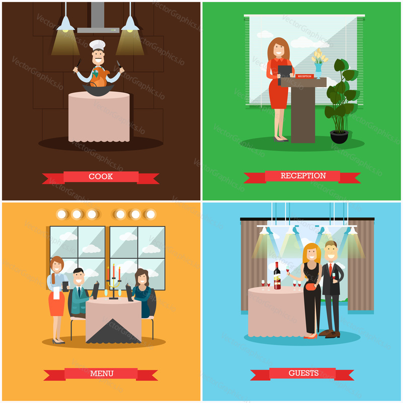 Vector set of restaurant people posters. Cook, Reception, Menu and Guests flat style design elements.