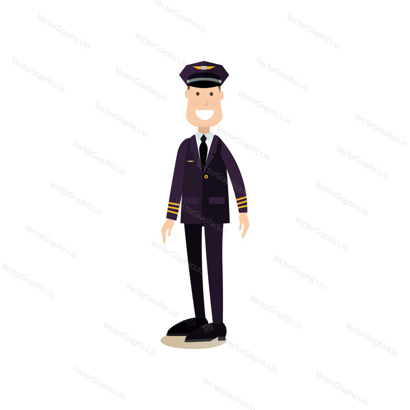 Vector illustration of commercial airlines pilot in uniform. Airline staff flat style design element, icon isolated on white background.