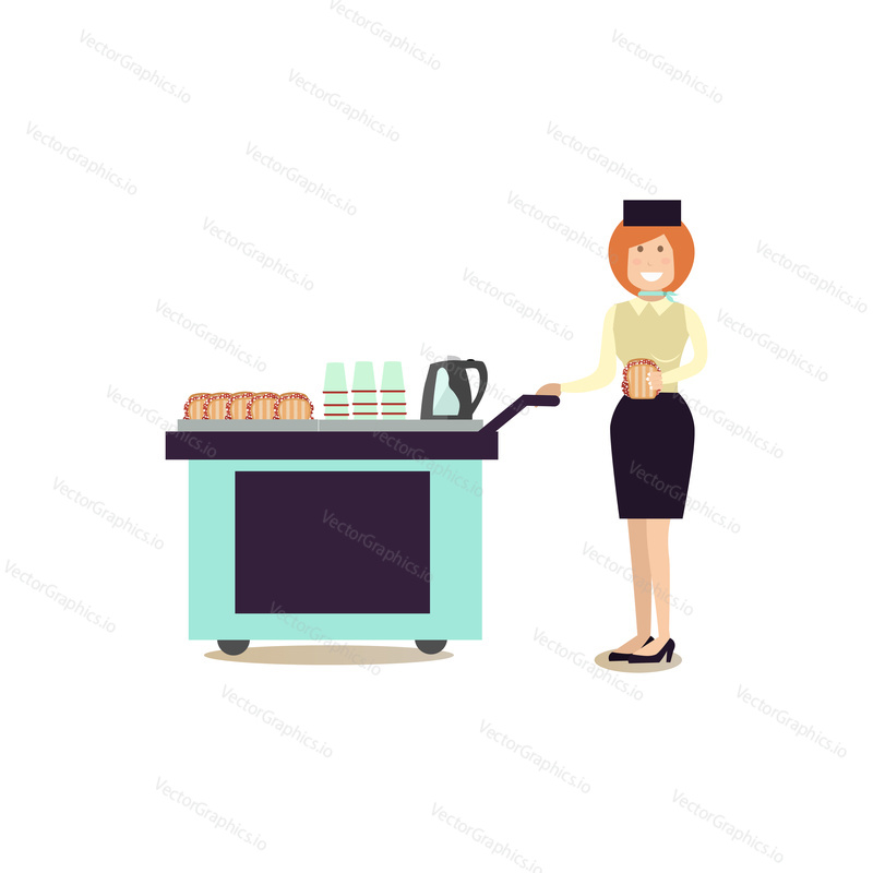 Vector illustration of stewardess with airline food trolley. Flight attendant flat style design element, icon isolated on white background.
