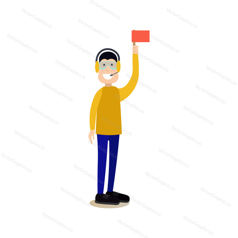 Vector illustration of airport ramp agent with arm raised holding flag. Airport people flat style design element, icon isolated on white background.