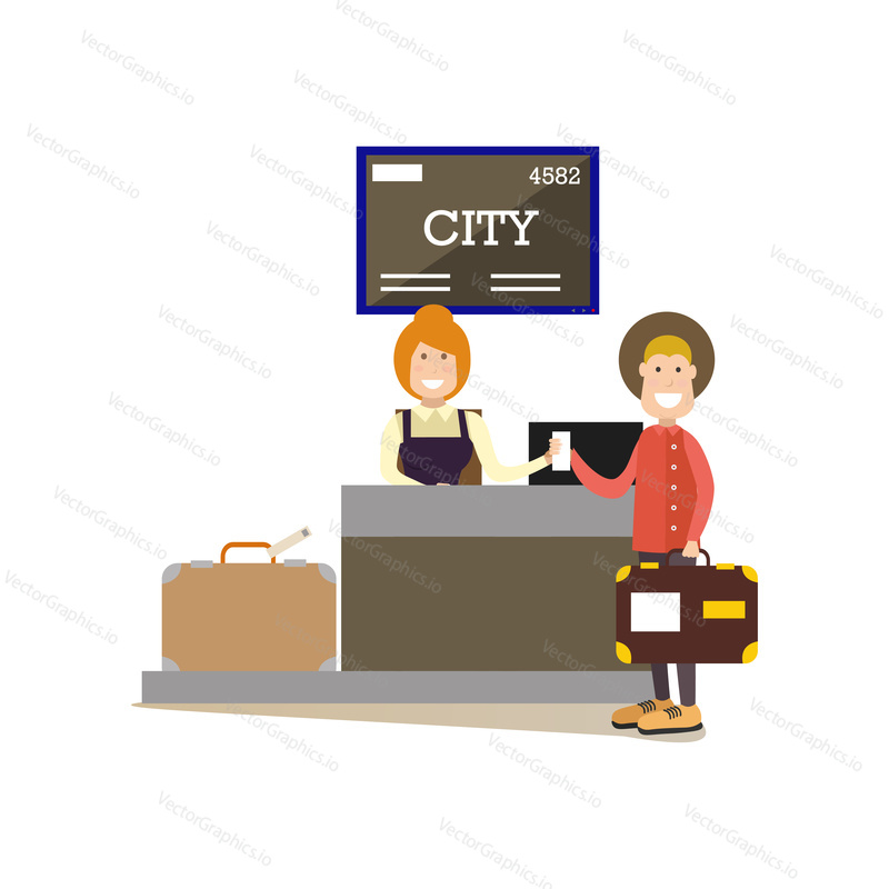 Airport check-in vector illustration. Airline check-in attendant female at counter and passenger male with luggage. Airport people flat style design element, icon isolated on white background.