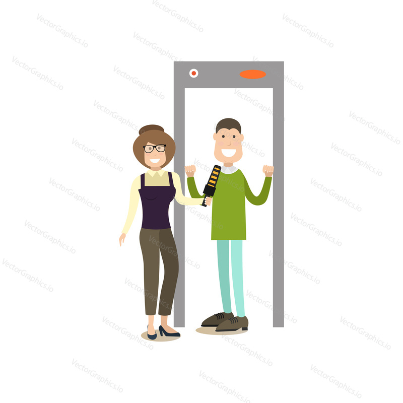 Vector illustration of security guard female scanning passenger male with metal detector. Airport people flat style design element, icon isolated on white background.