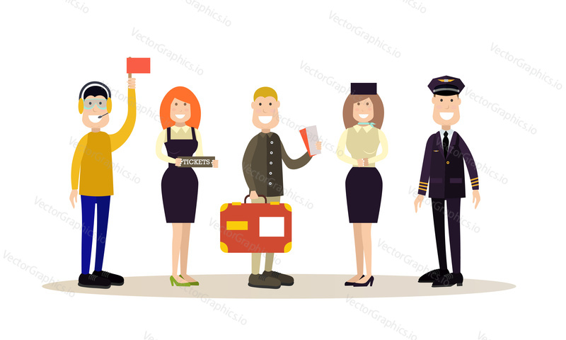 Vector illustration of pilot, stewardess, ramp agent, ticket agent and passenger with luggage. Airport people flat style design element, icon isolated on white background.
