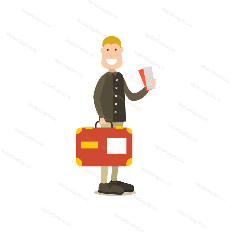 Vector illustration of passenger male with tickets and suitcase at airport. Airport people flat style design element, icon isolated on white background.