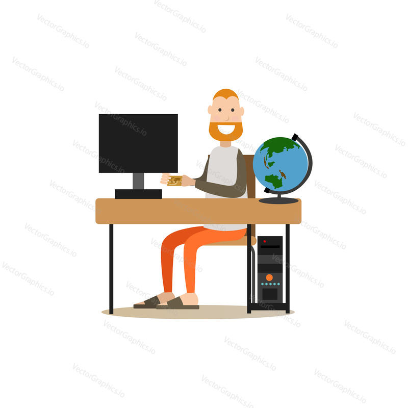 Online flight booking vector illustration. Man using computer and via internet to make a reservation of ticket. Airport people flat style design element, icon isolated on white background.