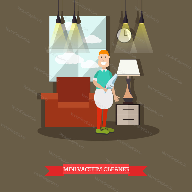 Vector illustration of cleaning male doing the vacuuming with hand vacuum. Mini vacuum cleaner concept design element in flat style.