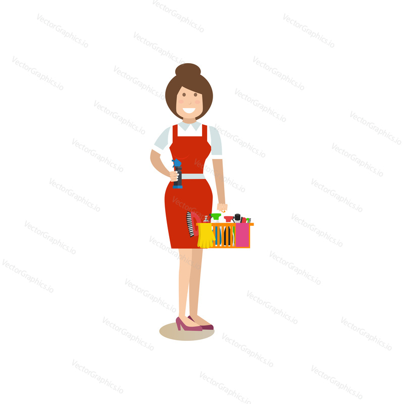Vector illustration of professional cleaning lady with house cleaning supplies. Cleaning people flat style design element, icon isolated on white background.