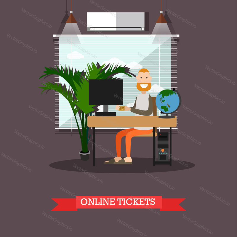 Online flight booking vector illustration. Man using computer and via internet to make a reservation of ticket flat style design element.