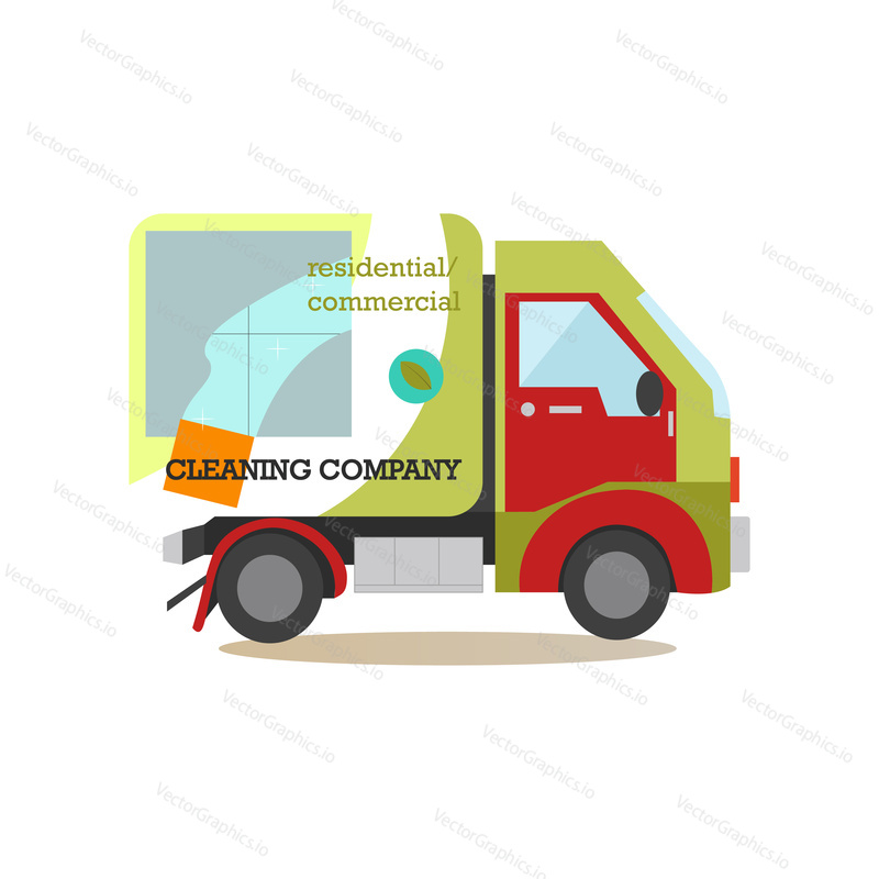 Vector illustration of cleaning company car. Professional residential and commercial cleaning services concept flat style design element, icon isolated on white background.