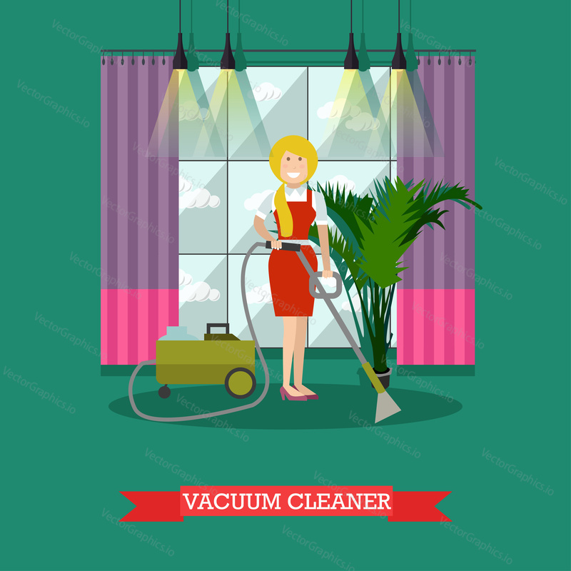 Vector illustration of cleaning woman doing the vacuuming with vacuum cleaner. Cleaning company services concept design element in flat style.