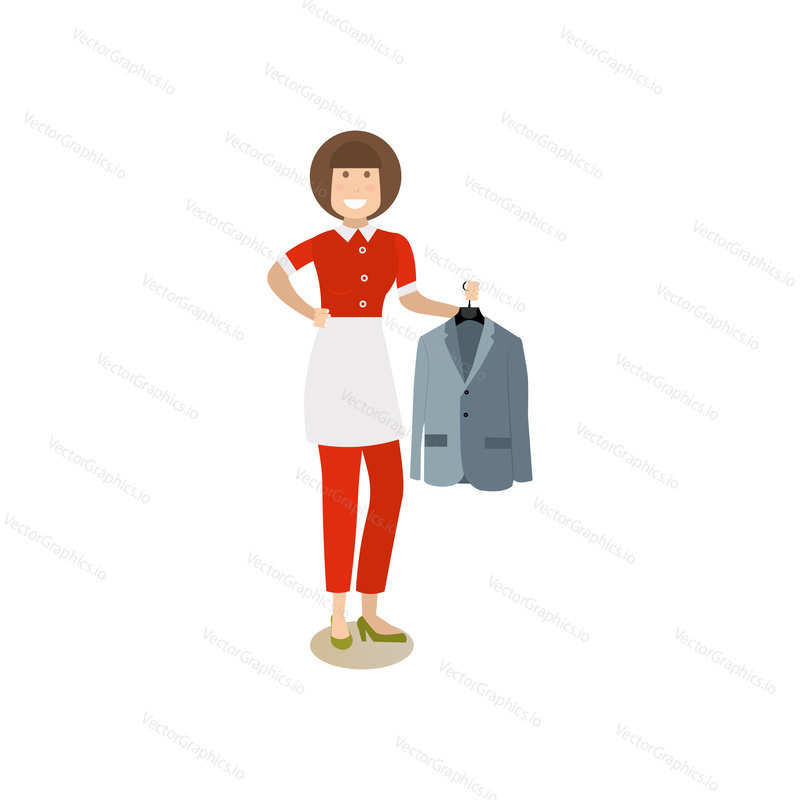 Vector illustration of woman holding suit after ironing. Cleaning people flat style design element, icon isolated on white background.