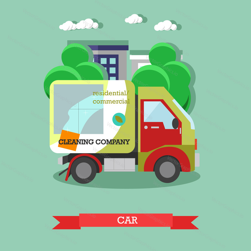 Vector illustration of cleaning company car. Professional residential and commercial cleaning services concept flat style design element.