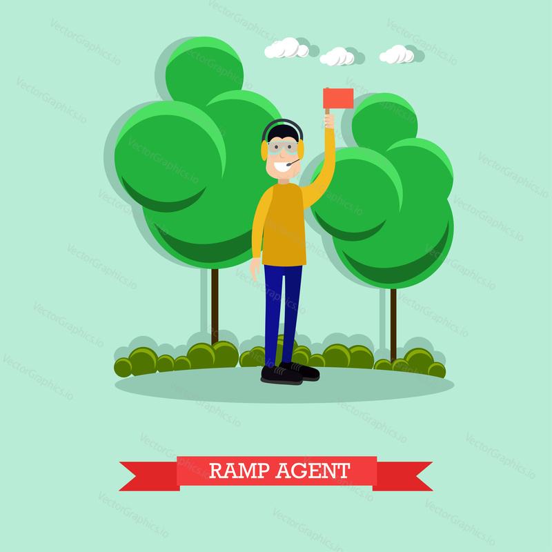 Vector illustration of airport ramp agent with arm raised holding flag. Airline staff flat style design element.