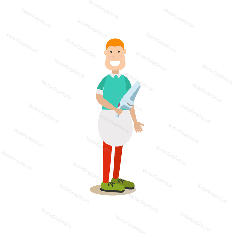 Vector illustration of cleaner male doing the vacuuming with hand vacuum. Cleaning people flat style design element, icon isolated on white background.